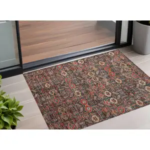 Photo of 3' X 4' Red and Dark Blue Floral Washable Non Skid Indoor Outdoor Area Rug