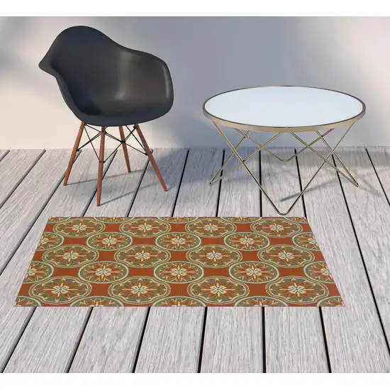 3' X 5' Rust Floral Stain Resistant Indoor Outdoor Area Rug Photo 2