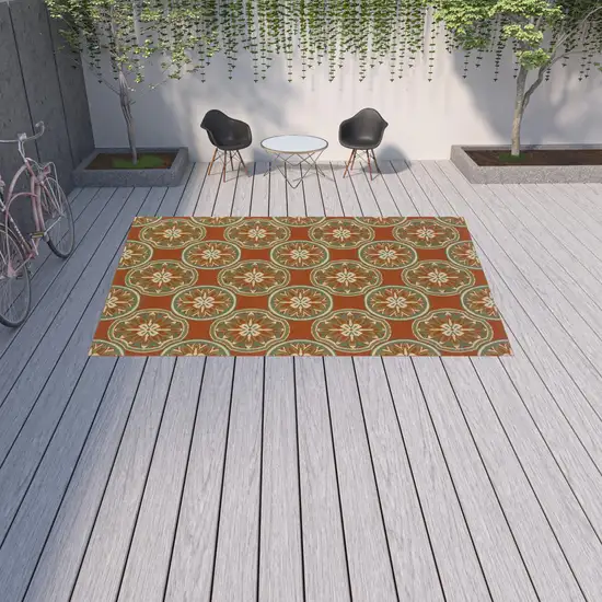 9' X 13' Rust Floral Stain Resistant Indoor Outdoor Area Rug Photo 2