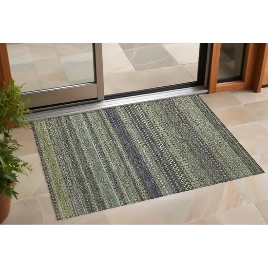 3' X 4' Sage Striped Washable Non Skid Indoor Outdoor Area Rug Photo 1