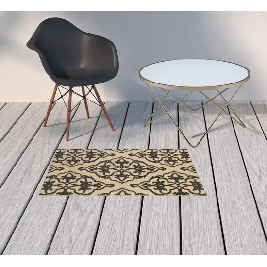 2' X 4' Sand Oriental Stain Resistant Indoor Outdoor Area Rug Photo 2