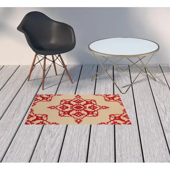 2' X 4' Sand Oriental Stain Resistant Indoor Outdoor Area Rug Photo 2