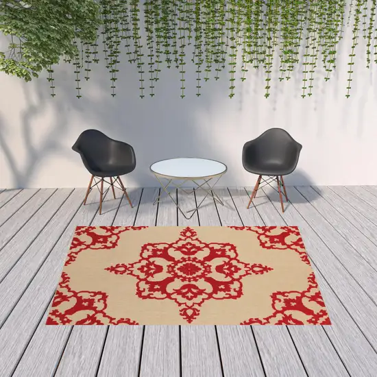 6' X 9' Sand Oriental Stain Resistant Indoor Outdoor Area Rug Photo 2