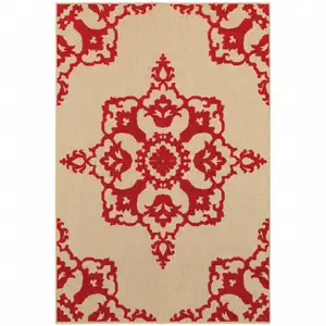 Photo of 6' X 9' Sand Oriental Stain Resistant Indoor Outdoor Area Rug