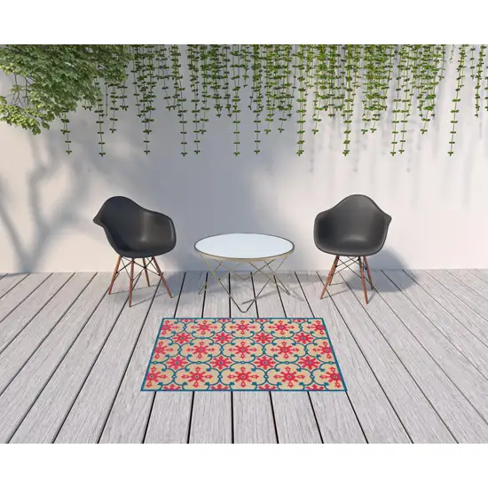 4' X 6' Sand Oriental Stain Resistant Indoor Outdoor Area Rug Photo 2