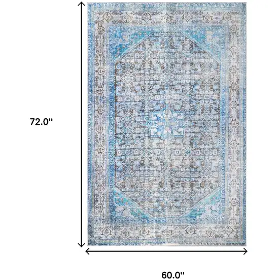 5' X 7' Shades Of Azure Oriental Medallion Stain Resistant Area Rug Photo 7