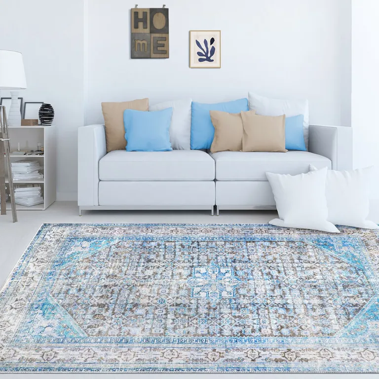 5' X 7' Shades Of Azure Oriental Medallion Stain Resistant Area Rug Photo 2