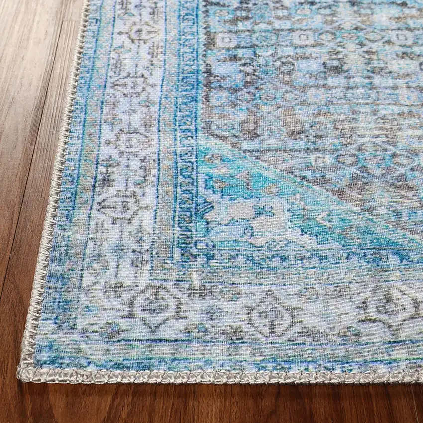 5' X 8' Shades Of Azure Oriental Stain Resistant Area Rug Photo 3