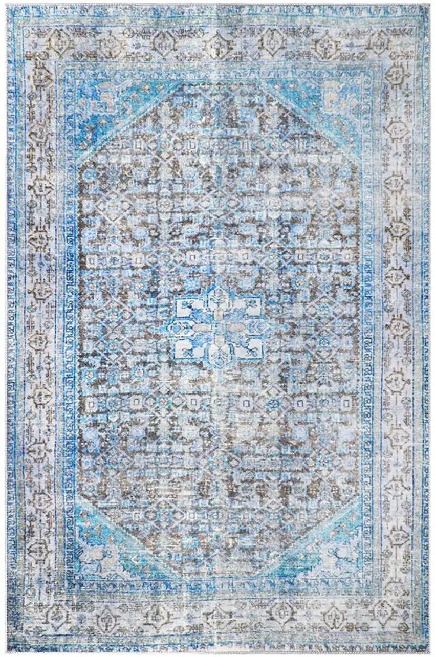 5' X 8' Shades Of Azure Oriental Stain Resistant Area Rug Photo 1