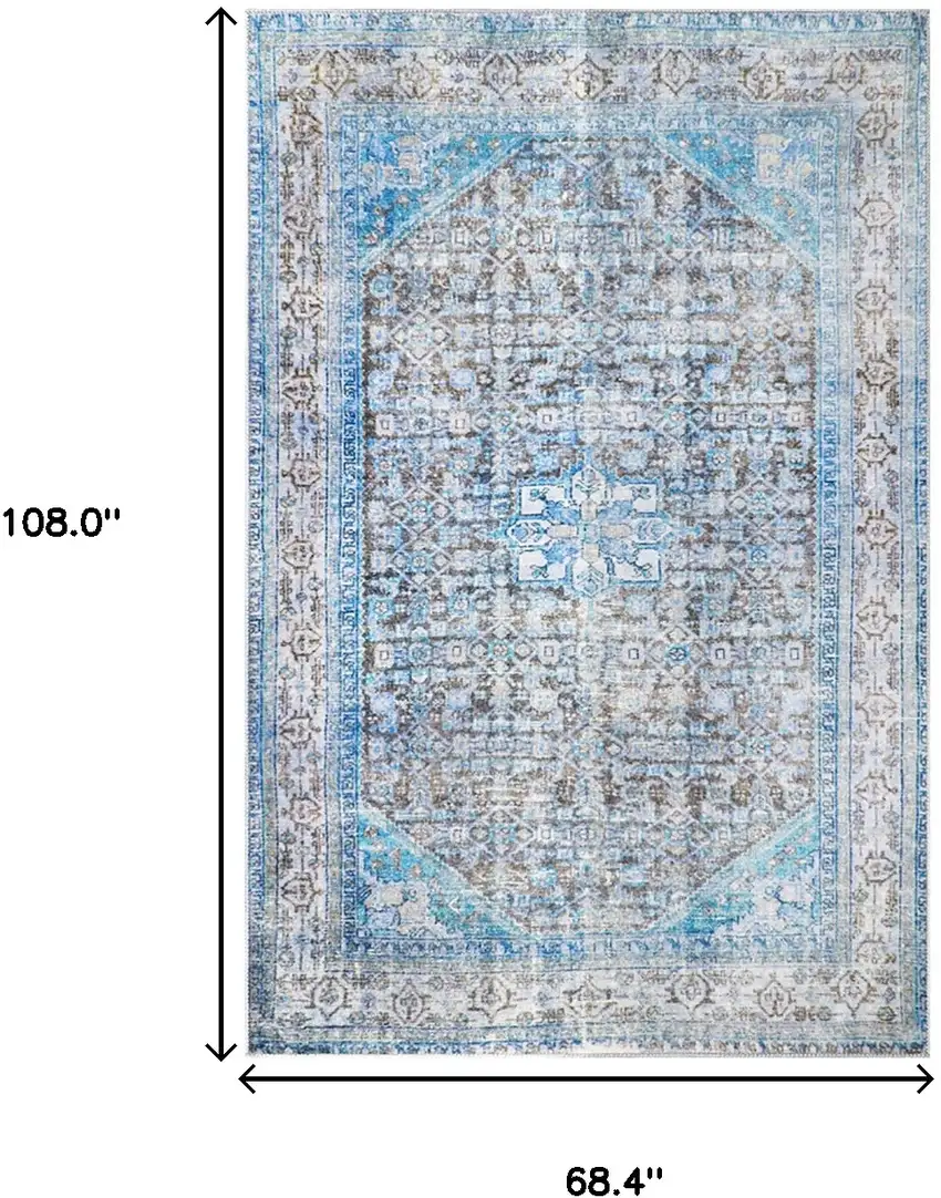 5' X 8' Shades Of Azure Oriental Stain Resistant Area Rug Photo 7