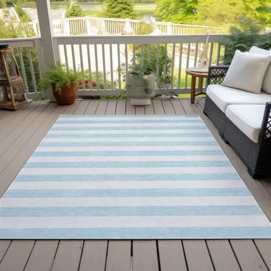 3' X 4' Sky Blue Striped Washable Non Skid Indoor Outdoor Area Rug Photo 9