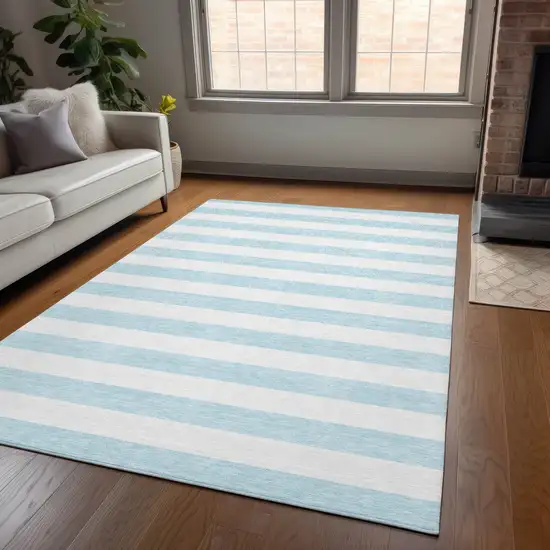 Sky Blue Striped Washable Non Skid Indoor Outdoor Area Rug Photo 8