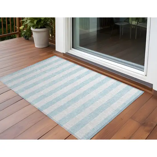 3' X 4' Sky Blue Striped Washable Non Skid Indoor Outdoor Area Rug Photo 1