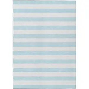 Photo of 3' X 4' Sky Blue Striped Washable Non Skid Indoor Outdoor Area Rug