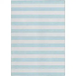 Photo of 3' X 5' Sky Blue Striped Washable Non Skid Indoor Outdoor Area Rug