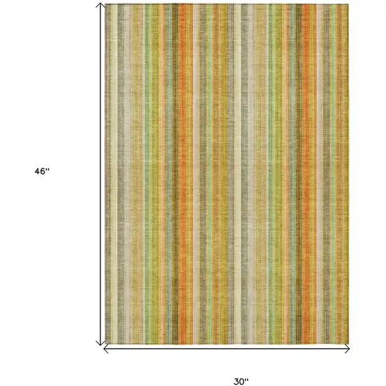 3' X 4' Tan Orange and Green Striped Washable Non Skid Indoor Outdoor Area Rug Photo 3