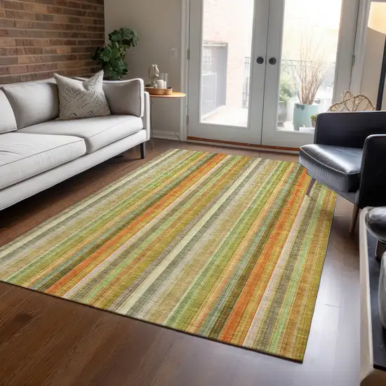 3' X 5' Tan Orange and Green Striped Washable Non Skid Indoor Outdoor Area Rug Photo 9