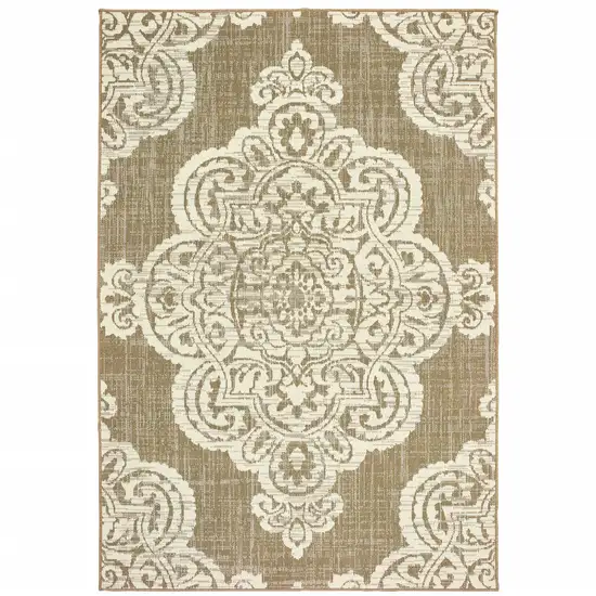 6' X 9' Tan Oriental Stain Resistant Indoor Outdoor Area Rug Photo 1