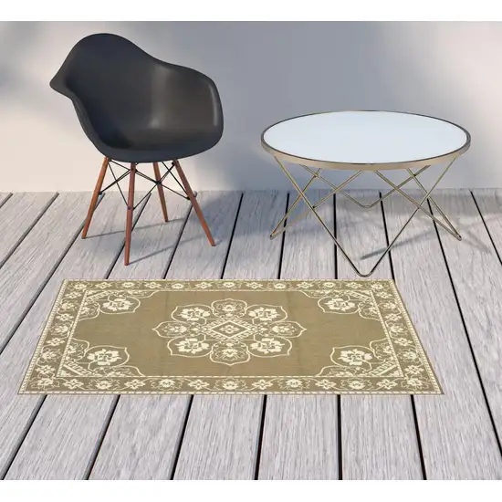 3' X 5' Tan Oriental Stain Resistant Indoor Outdoor Area Rug Photo 2