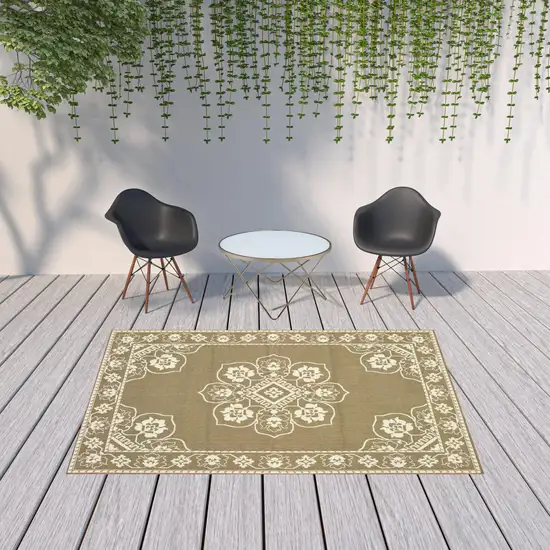 6' X 9' Tan Oriental Stain Resistant Indoor Outdoor Area Rug Photo 2