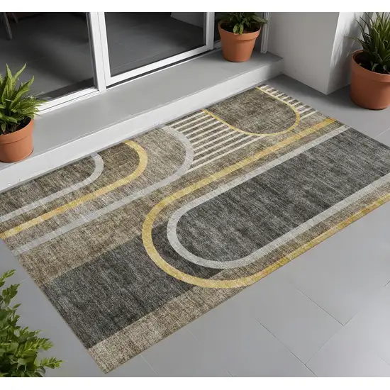 Gray Green and Gold Abstract Washable Non Skid Indoor Outdoor Area Rug Photo 1