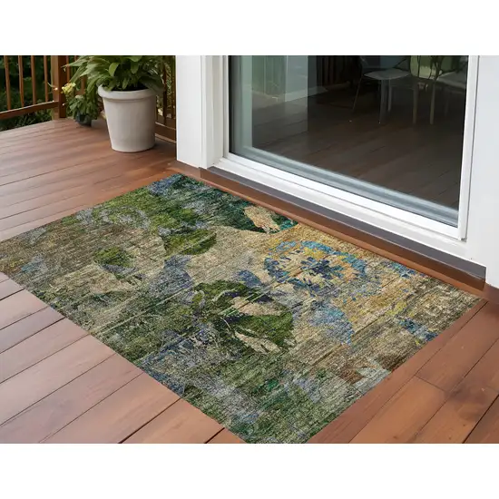 3' X 4' Taupe Blue and Green Floral Washable Non Skid Indoor Outdoor Area Rug Photo 1