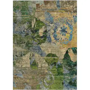 Photo of 3' X 4' Taupe Blue and Green Floral Washable Non Skid Indoor Outdoor Area Rug