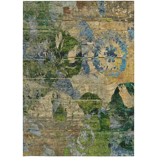 3' X 4' Taupe Blue and Green Floral Washable Non Skid Indoor Outdoor Area Rug Photo 5