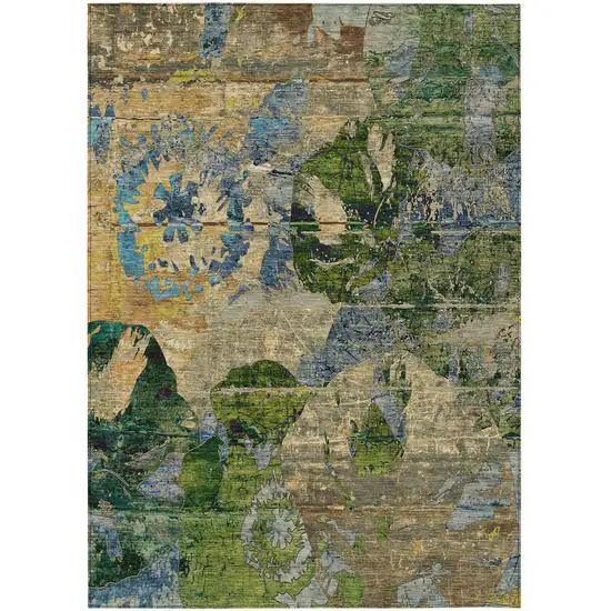 3' X 4' Taupe Blue and Green Floral Washable Non Skid Indoor Outdoor Area Rug Photo 2