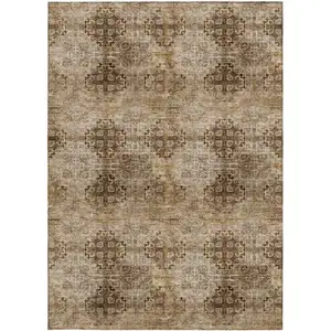 Photo of 3' X 5' Taupe Floral Medallion Washable Non Skid Indoor Outdoor Area Rug