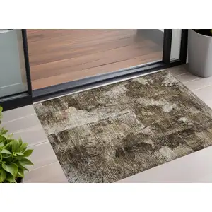 Photo of 3' X 4' Taupe Floral Washable Non Skid Indoor Outdoor Area Rug