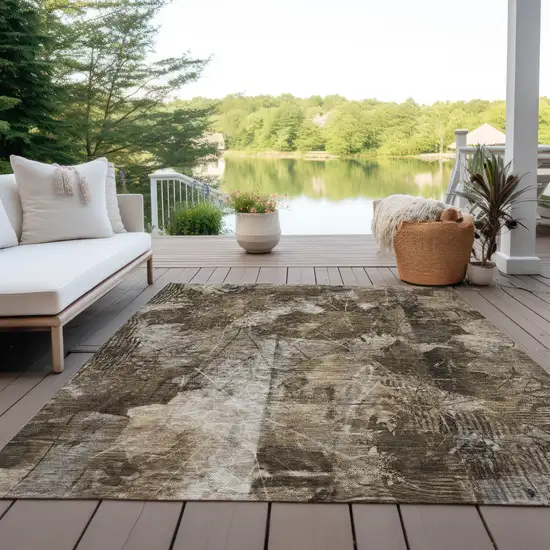 3' X 4' Taupe Floral Washable Non Skid Indoor Outdoor Area Rug Photo 8