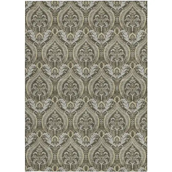 Taupe and Beige Damask Washable Non Skid Indoor Outdoor Area Rug Photo 5