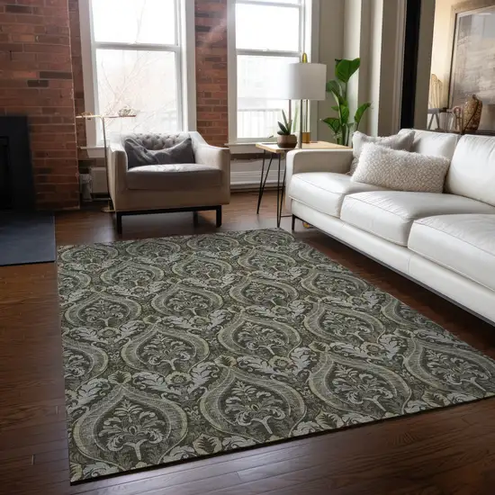 3' X 4' Taupe and Beige Damask Washable Non Skid Indoor Outdoor Area Rug Photo 9