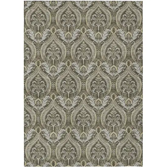 3' X 4' Taupe and Beige Damask Washable Non Skid Indoor Outdoor Area Rug Photo 2