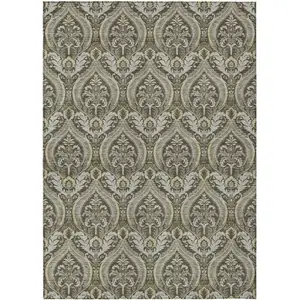 Photo of 3' X 4' Taupe and Beige Damask Washable Non Skid Indoor Outdoor Area Rug