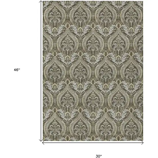 Taupe and Beige Damask Washable Non Skid Indoor Outdoor Area Rug Photo 3