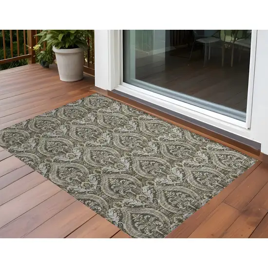 Taupe and Beige Damask Washable Non Skid Indoor Outdoor Area Rug Photo 1