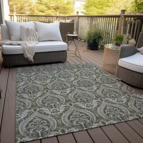 3' X 5' Taupe and Beige Damask Washable Non Skid Indoor Outdoor Area Rug Photo 8