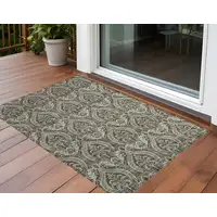 Photo of 3' X 5' Taupe and Beige Damask Washable Non Skid Indoor Outdoor Area Rug