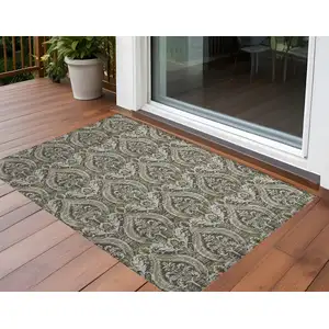 Photo of 3' X 5' Taupe and Beige Damask Washable Non Skid Indoor Outdoor Area Rug