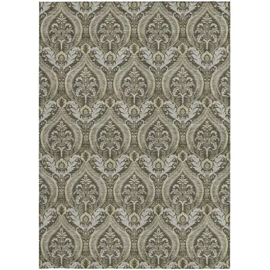 Taupe and Beige Damask Washable Non Skid Indoor Outdoor Area Rug Photo 4