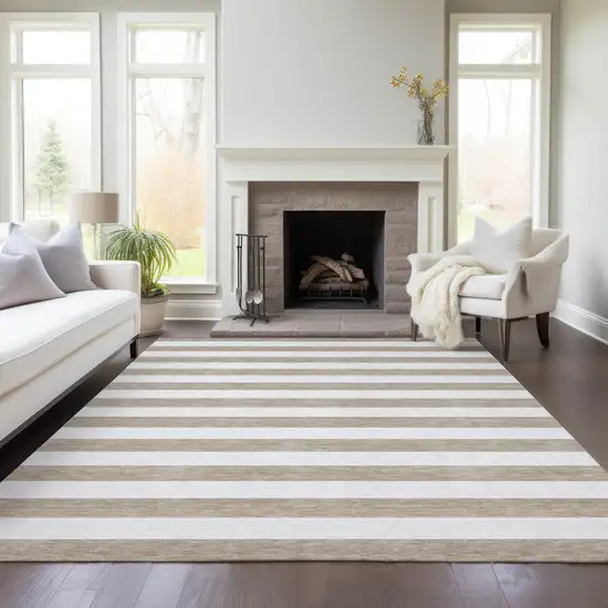 Taupe and White Striped Washable Indoor Outdoor Area Rug Photo 9