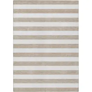 Photo of 3' X 4' Taupe and White Striped Washable Non Skid Indoor Outdoor Area Rug