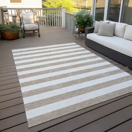 3' X 4' Taupe and White Striped Washable Non Skid Indoor Outdoor Area Rug Photo 9