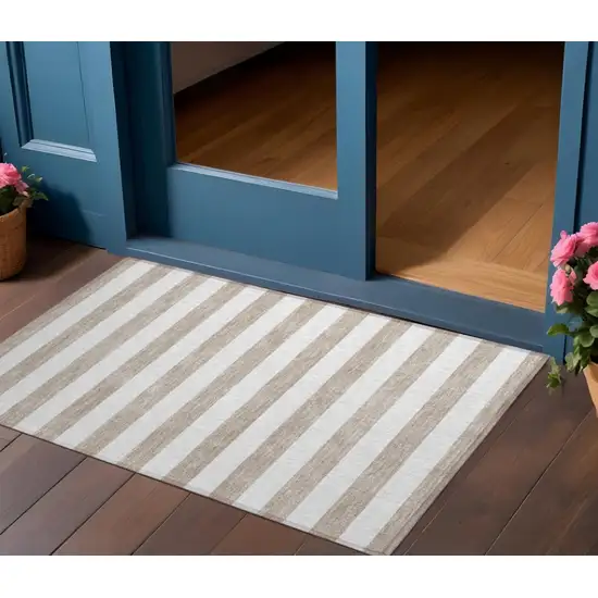 Taupe and White Striped Washable Indoor Outdoor Area Rug Photo 1