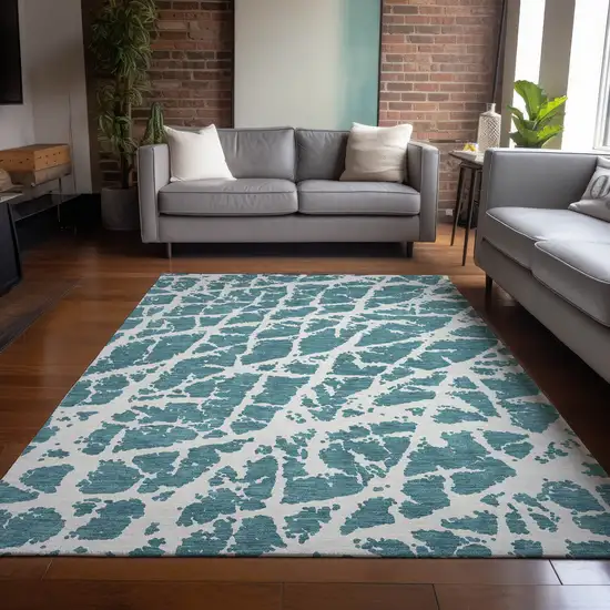 3' X 5' Teal Abstract Washable Non Skid Indoor Outdoor Area Rug Photo 9