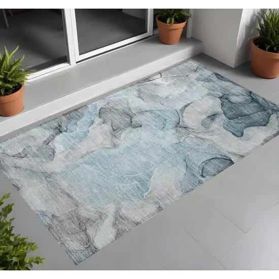 3' X 4' Teal Abstract Washable Non Skid Indoor Outdoor Area Rug Photo 1