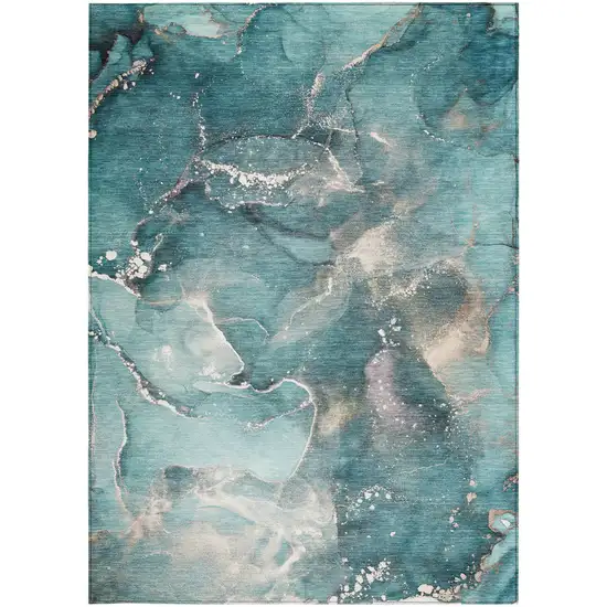 Teal Abstract Washable Non Skid Indoor Outdoor Area Rug Photo 7