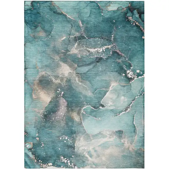 3' X 4' Teal Abstract Washable Non Skid Indoor Outdoor Area Rug Photo 2